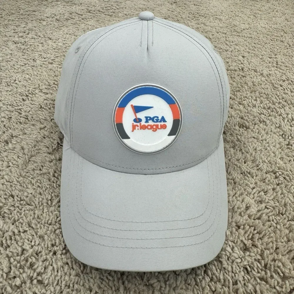 PGA‎ Jr League Hat Garb Adjustable Strap Gray White Mesh Rubber Circle Logo Cap